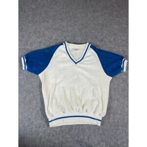 Vintage Topic Knits Pullover Sweater Boys Large White Blue V Neck Short Sleeve